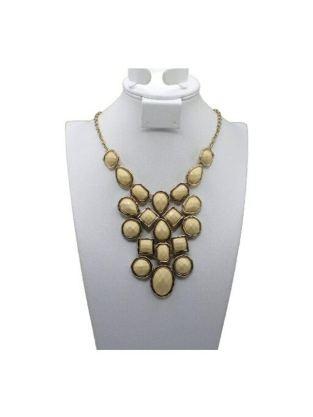 Vintage Acrylic Bib Y Drop Statement Necklace Faceted Cream Beads Goldtone